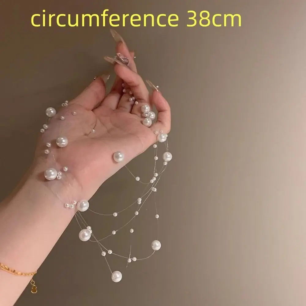 Fashion White Pearl Necklace Adjustable Length Multi-Layer Clavicle Chain Sweater Chain Quake