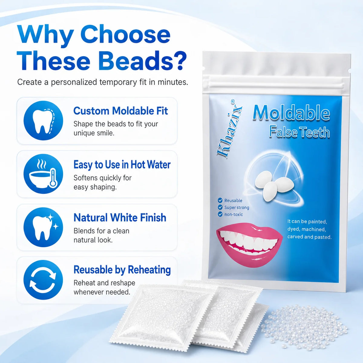 10g Temporary Teeth Beads DIY Cosmetic Smile Fix Moldable White Beads Easy to Shape for Natural-Looking Teeth Quake