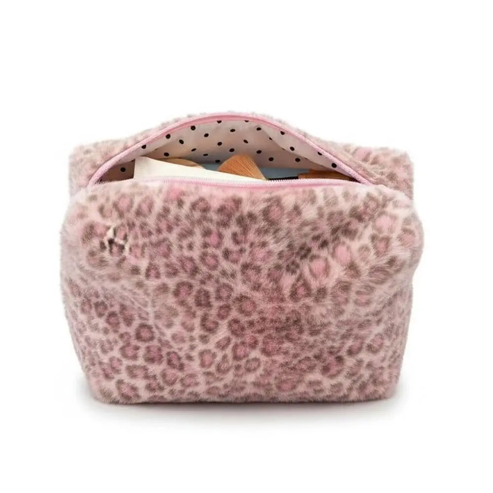 High Quality Fuzzy Makeup Bag Large Capacity Portable Cosmetic Bag Leopard Print Toiletry Organizer Girls Quake