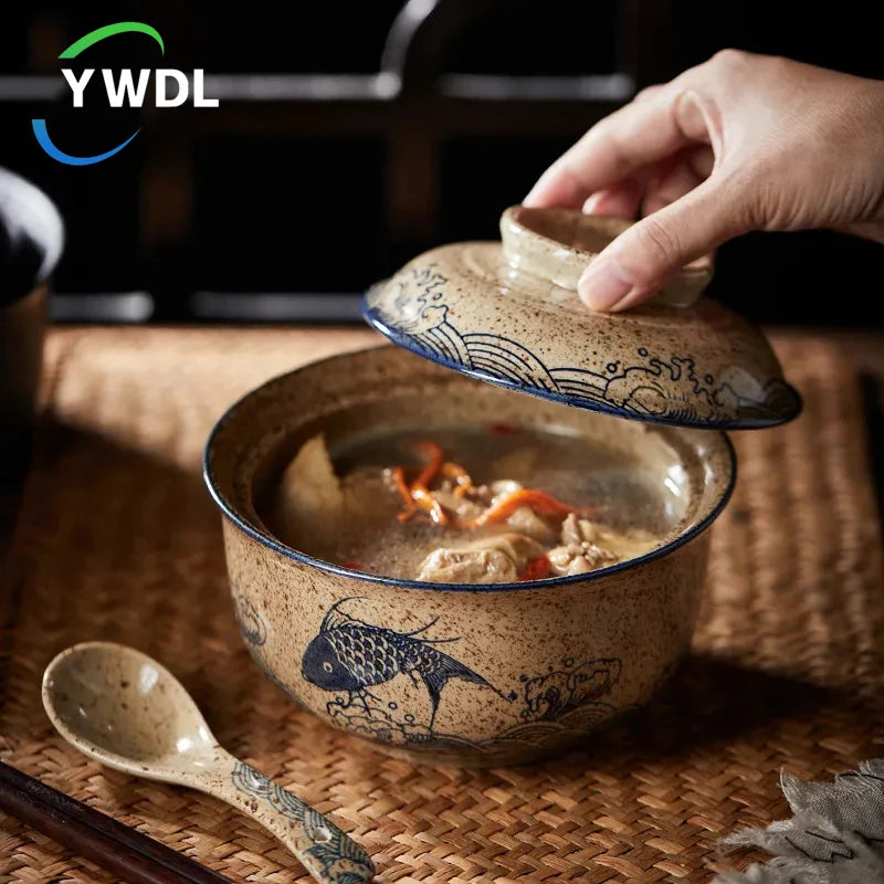YWDL 6.5inch Japanese Style Ramen Bowl With Lid Ceramic Instant Noodle Bowl For Soup Rice Noodle And Porridge Kitchen Tableware Quake