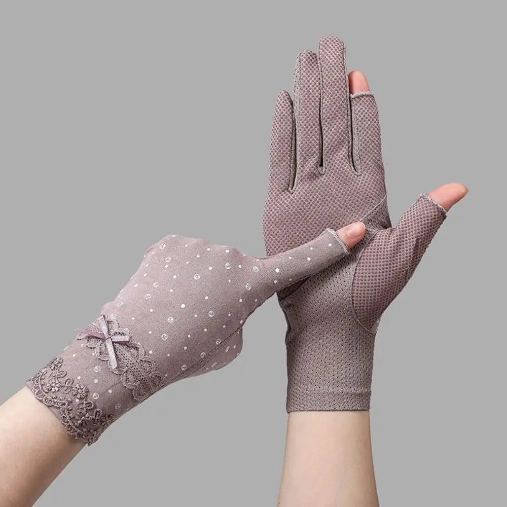 Summer UV Protection Sunscreen Gloves Lace Thin Anti-UV Mittens Elastic Slip Resistant Sun Protection Gloves Women Girls Quake Pink