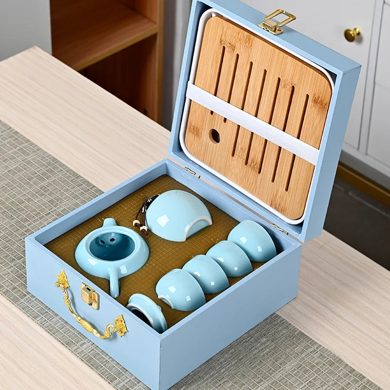 Ding kiln kungfu tea set complete set including tea tray with gift box ceramic teapot gift high-end Quake
