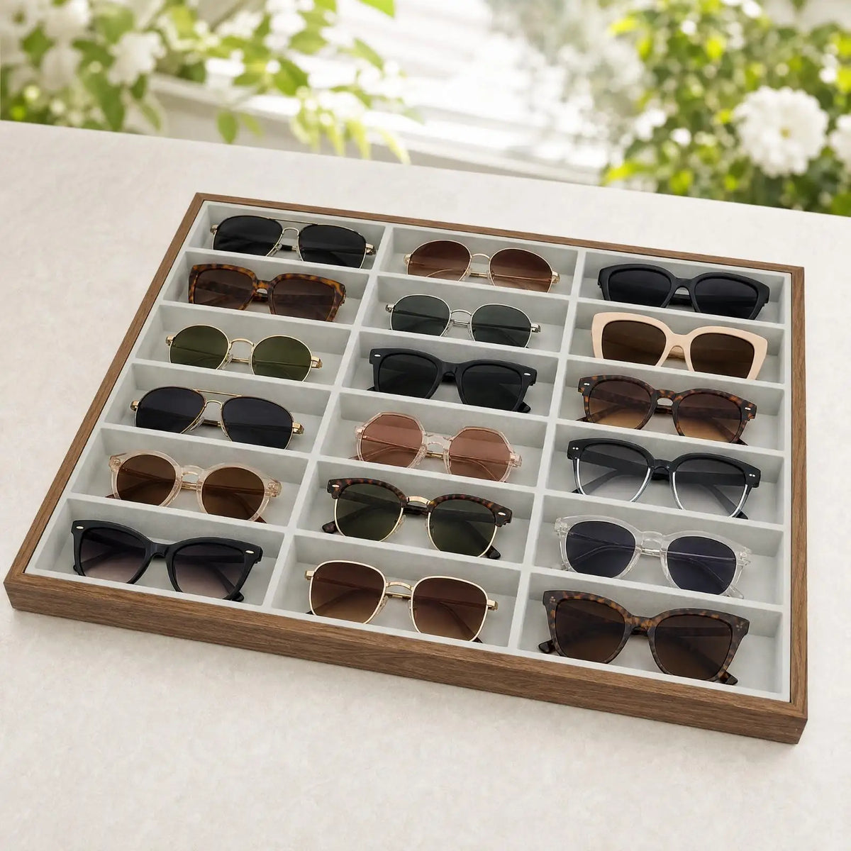 Wooden Sunglasses Display Tray 18 Compartment Felt Bottom Organizer Rack for Eyeglasses Retail Counter Showcase Boutique Storage Quake