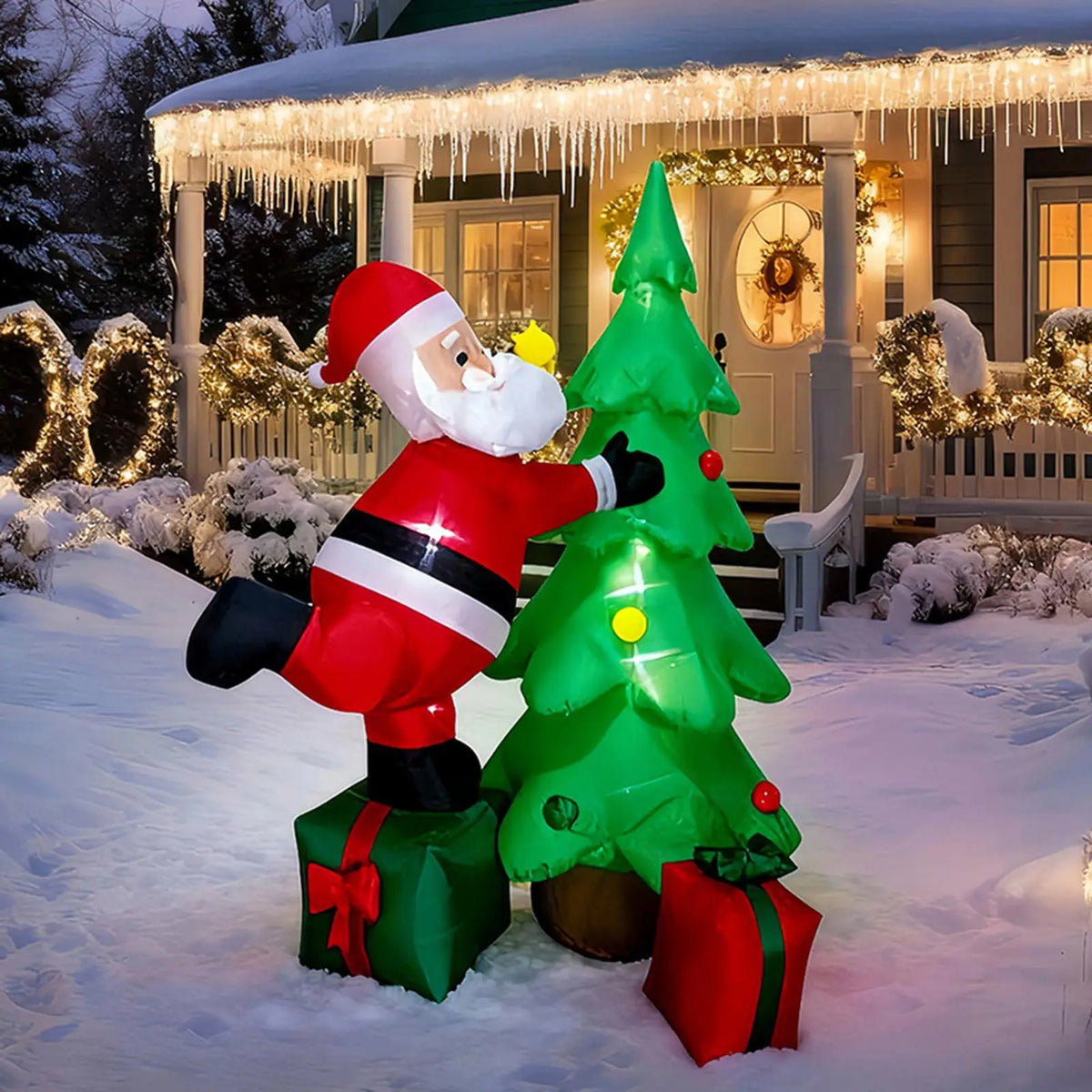 Christmas Inflatable Santa 180cm with Tree and Gift Bag LED Outdoor Yard Decorations for Patio Holiday Quake