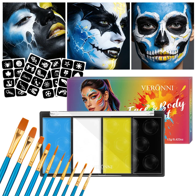 4 Color Lasting Face Body Painting Kit for Kids Adult,Face Paint template with Brush,Halloween Carnival Artist Cosplay Art Party Quake