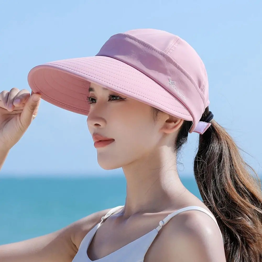 Outdoor Wide Brim Women Summer Sun Hat UV Protection Detachable Empty Top Ponytail Cap Foldable Adjustable Beach Cap Quake pink