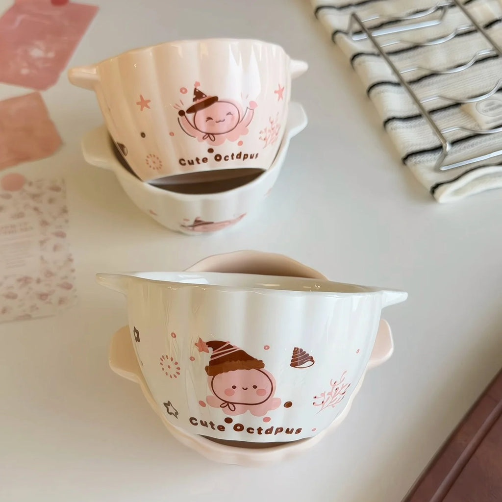 1/2 Pcs Cute Octopus Pumpkin Ceramic Double-Ear Soup Bowl Multi-Purpose Salad Fruit Cereal Bowl Oven Microwave Dishwasher Safe Quake