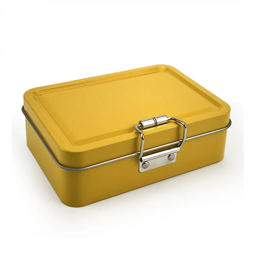 Flip Cover Buckle Iron Box Metal Solid Color Fishing Craft Storage Tin with Lid Durable Fishing Gear Storage Box Quake Yellow