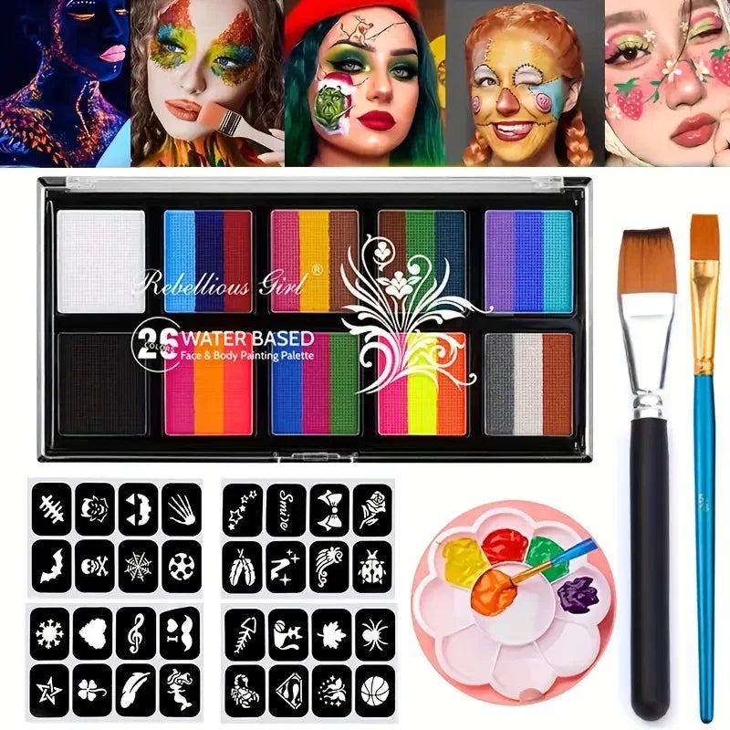 10 Colors Face Body Palette with Brushes and Palettes for Halloween,Christmas Body Painting,Easy to Clean, Effects Makeup Set Quake Face Body A