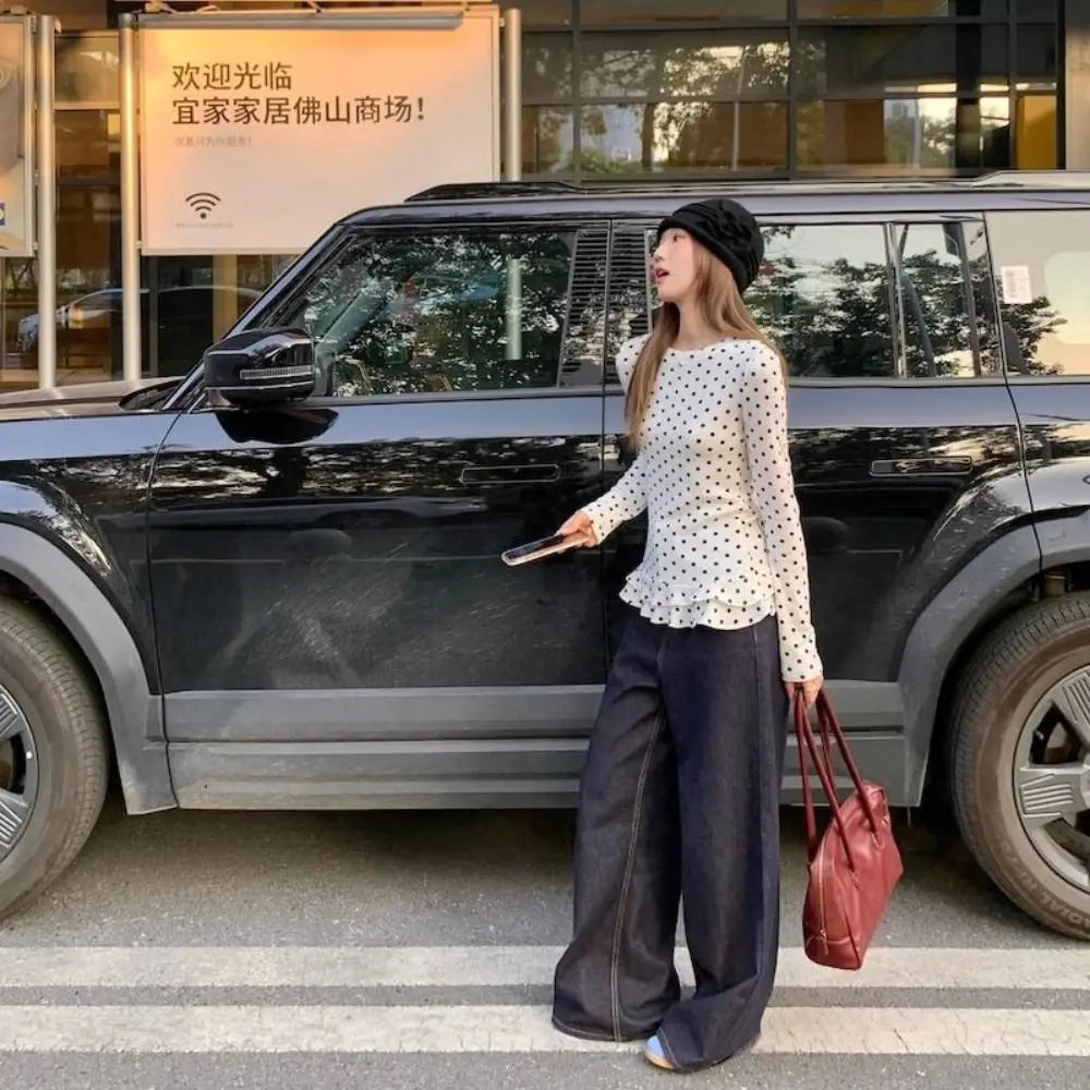 2025 Ruffle Trim Long Sleeve T-Shirt Polka Dot Sweet Layered Blouse Thin Vero Moda Quake