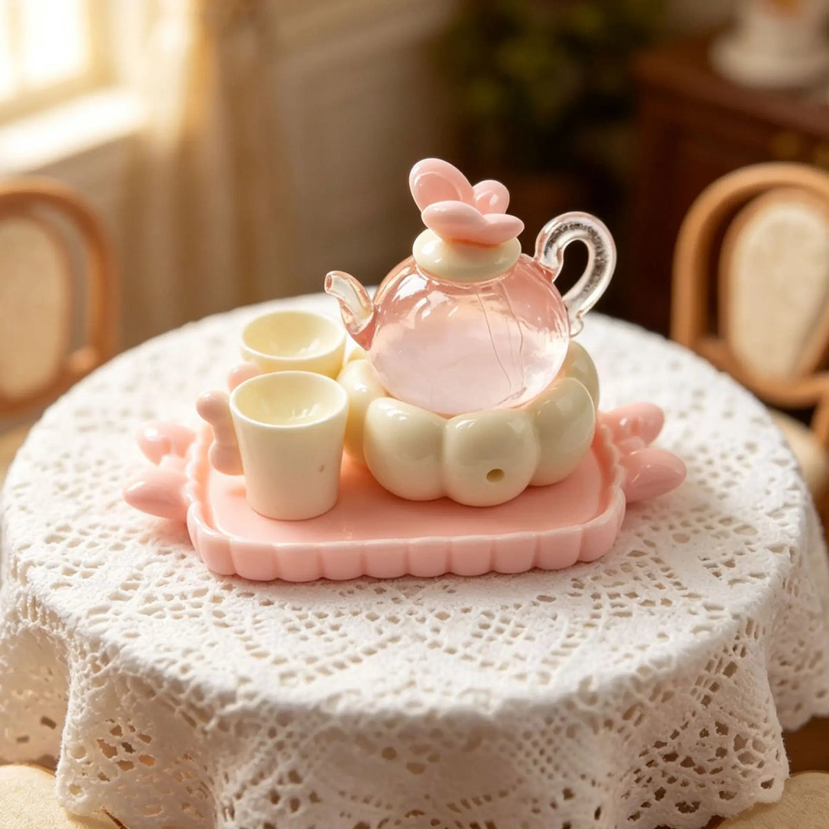 3Sets Simulation Teapot Teacup Resin Ornament For Dollhouse Kitchen Decor DIY Play Toys Micro Landscape Crafts Accessories Quake pink