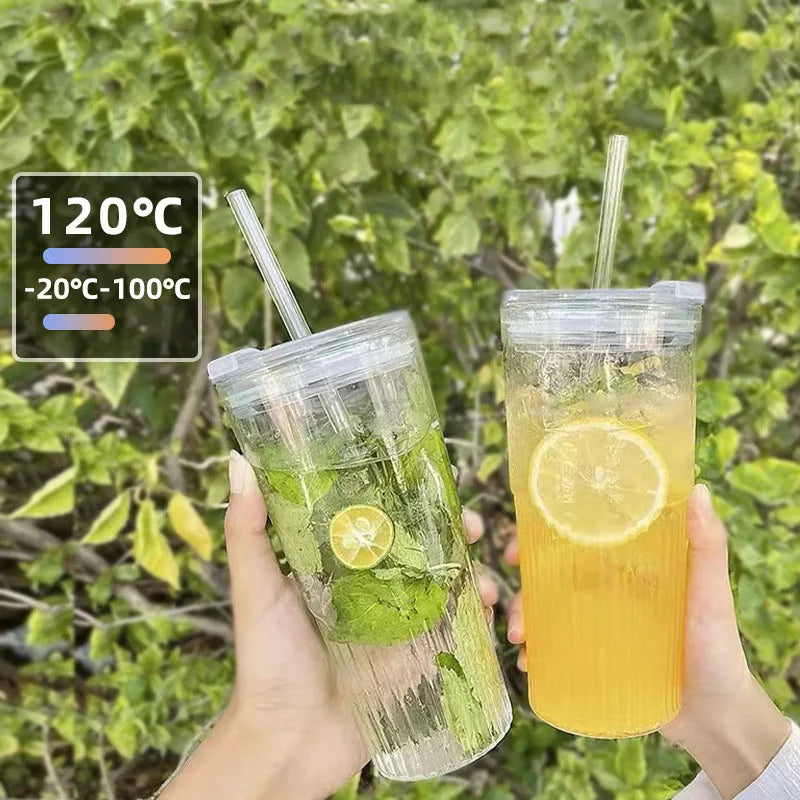 YWDL 600ml Stripe Glass Cup with Lid And Straw Transparent Milk Tea Juice Cup Drinking Glasses Ice Water Coffee Mug Bar Quake