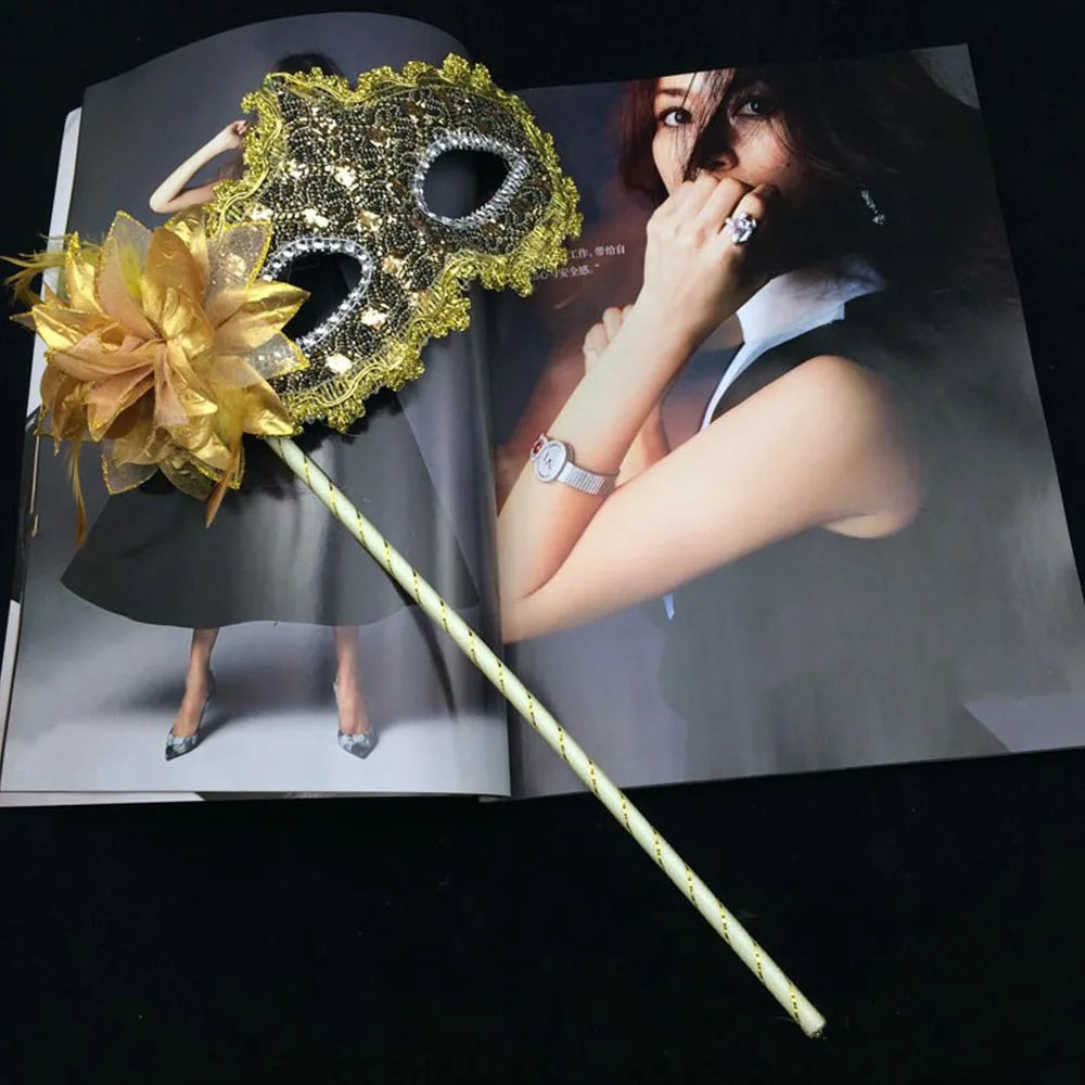 Stick Side Feather Flower Handheld Masquerade Masks Festival Costume Party With Holding Stick Translucent Half Face Mask Feather Quake Black gold
