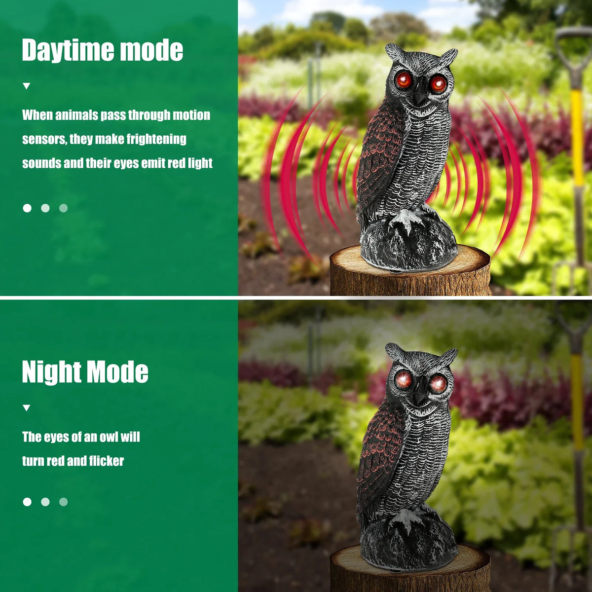 New Solar Owl Scare Bird Control Devices Waterproof Garden Fake Owl Deterrent Decoration With Scary Sound and Eyes Emit Light Quake