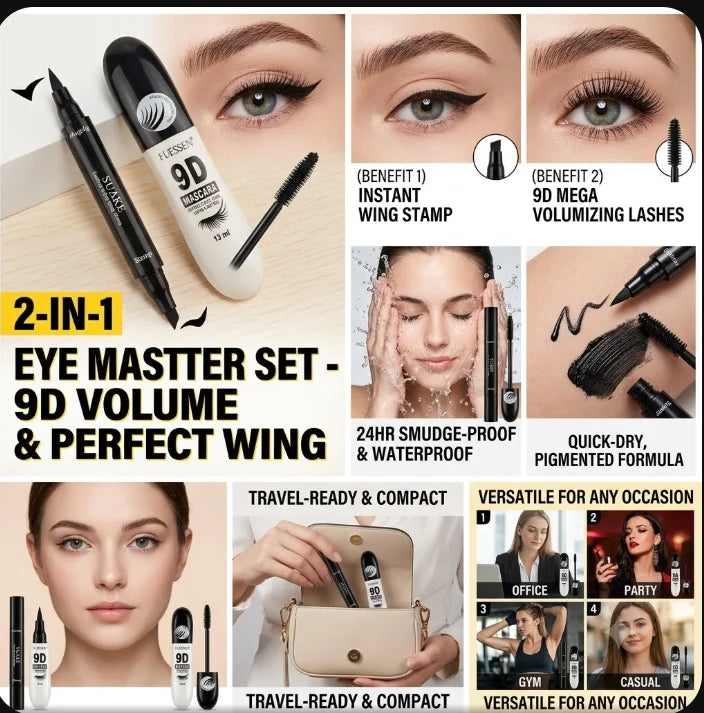 Waterproof Long-Lasting Dual-Ended Eyeliner And 9D Volume Mascara Set for Women Girls Party Festival Stage Eye Makeup Kit Quake