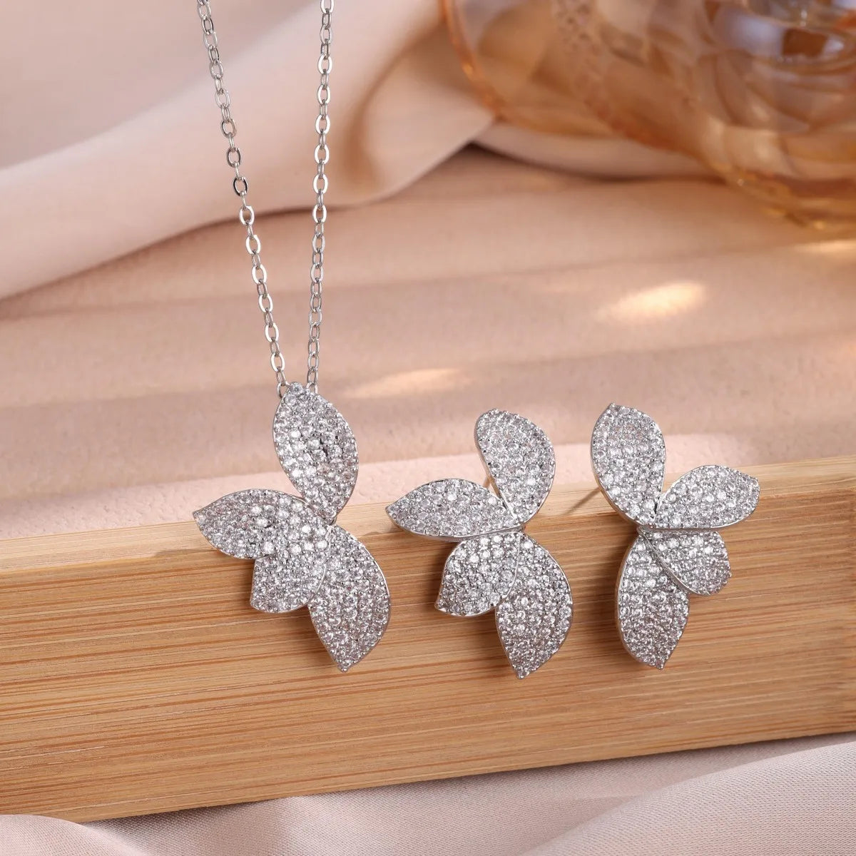 ZAKOL Luxury Full Shiny Micro Zircon Leaf Earrings&Necklace Set AAA CZ Symmetric Wedding Party Jewelry for Women Quake
