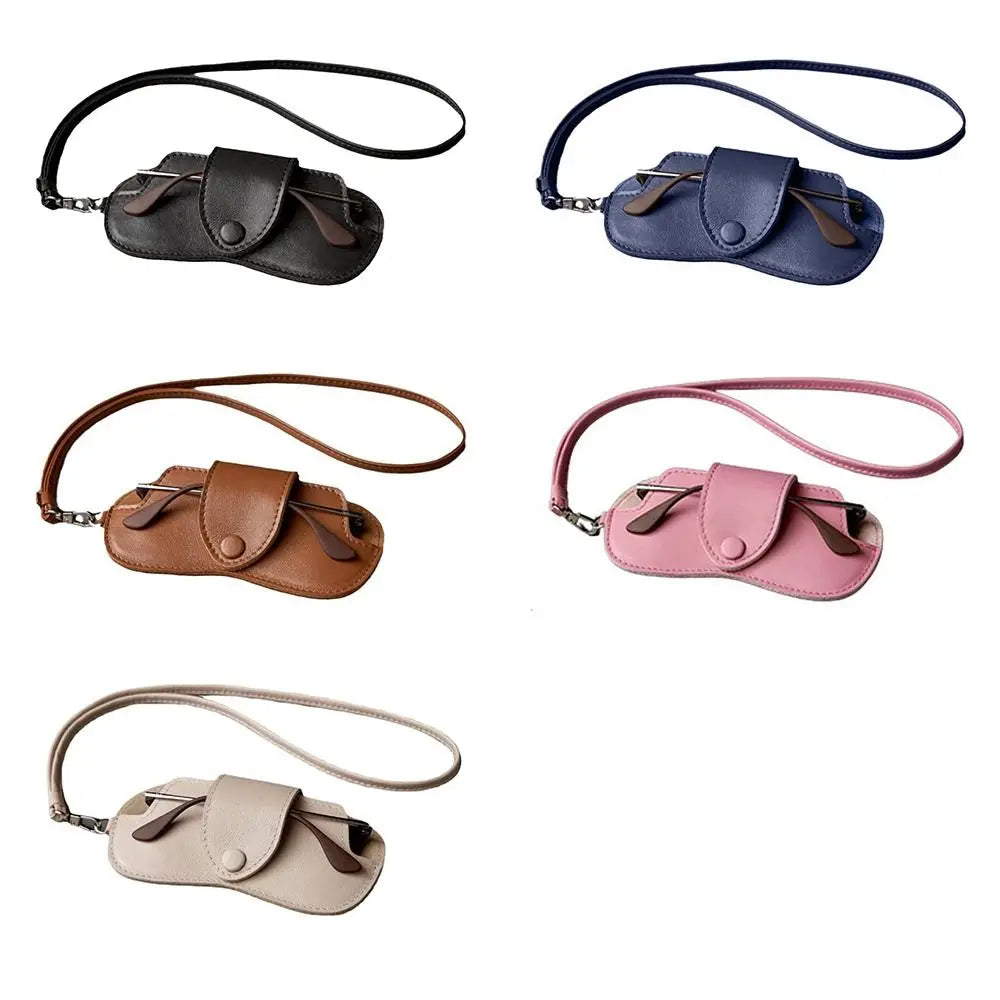 PU Leather Sunglasses Storage Bag with Lanyard Durable Sunglasses Pouch Solid Color Portable SunGlasses Holder Quake
