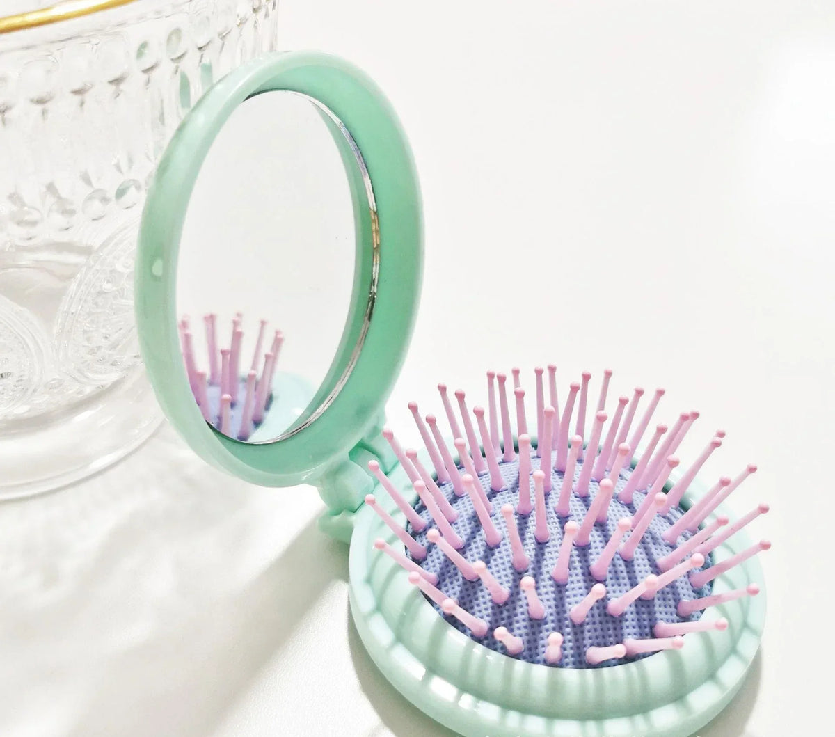 Portable Mini Round Hair Comb with Mirror Pocket Small Size Traveling Massage Folding Hair Comb Women Hair Brushes Styling Tools Quake Blue 1