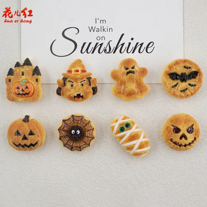 20Pcs Halloween Pumpkin Ghost Spider Biscuits Bread Resin Cabochon Flatback Figurines DIY Ornament Decor Crafts Accessories Quake