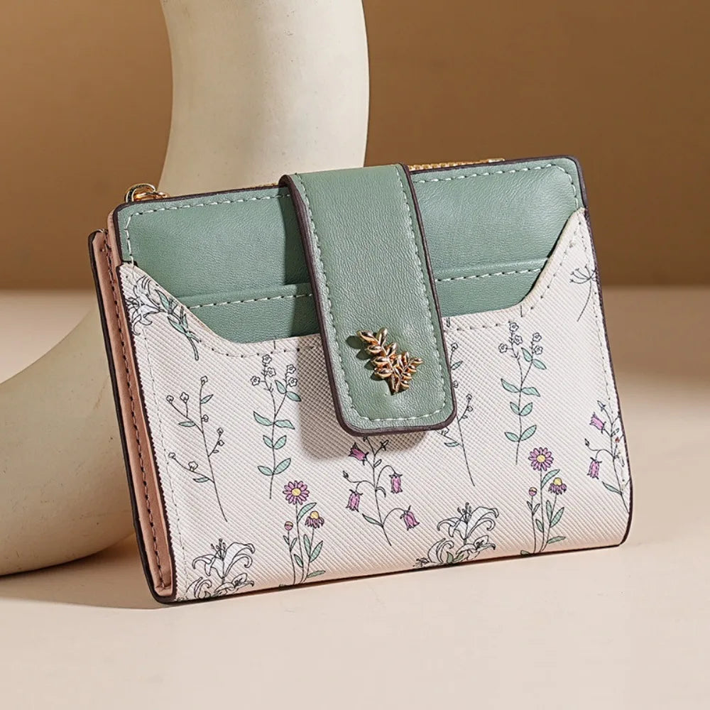 Fashion PU Leather Women Short Wallet Multi-Cards Small Flowers Slim Small Wallet Zipper Hasp Coin Purse Women Quake Green