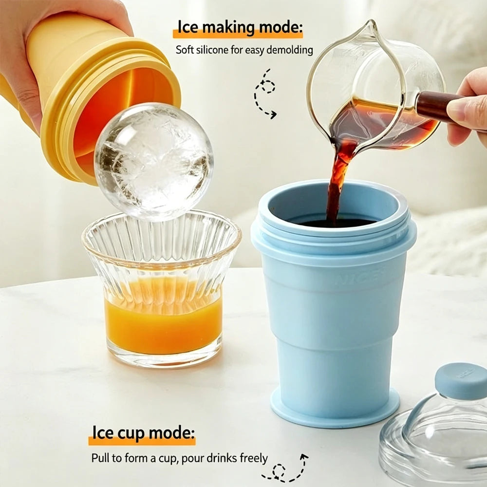 2 in 1 Ice Mold and Water Bottle Food-Grade Silicone Foldable Ice Ball Cup BPA-Free Portable Travel Tumbler for Outdoor Camping Quake