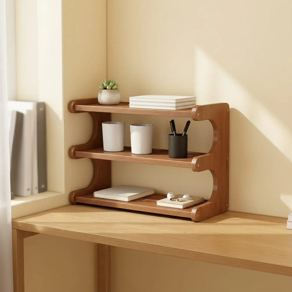Freestanding Desktop Storage Rack Space-Saving Open-Shelf Tabletop Organizer Compact E-Shaped Desktop Shelf for Kitchen, Dining Quake