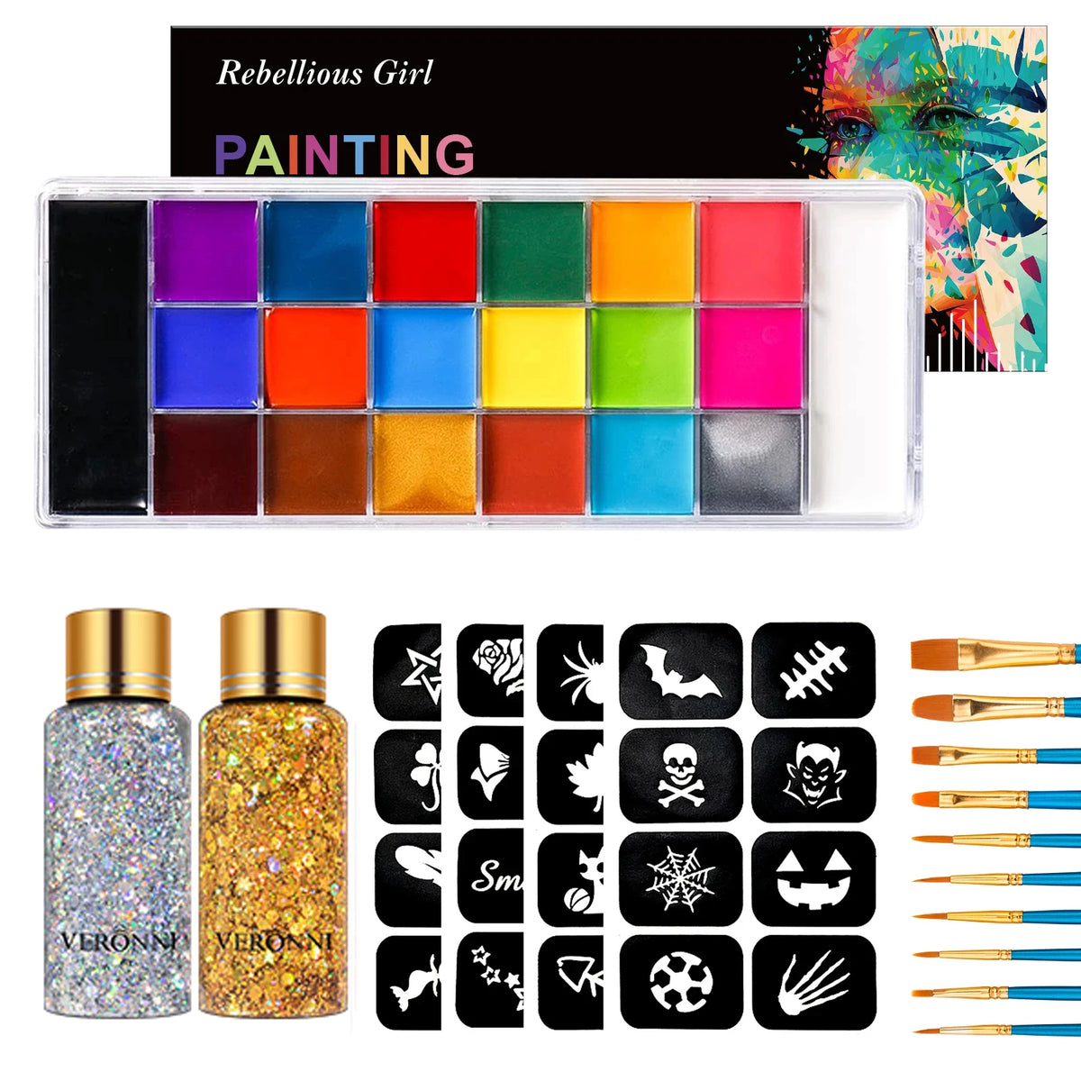 20 Colors Face Body Paint Palette Oil Makeup Set SFX Body Art Halloween Party Painting with 10 pcs brushes,Tattoo Stencil kit Quake 5 pcs A Set