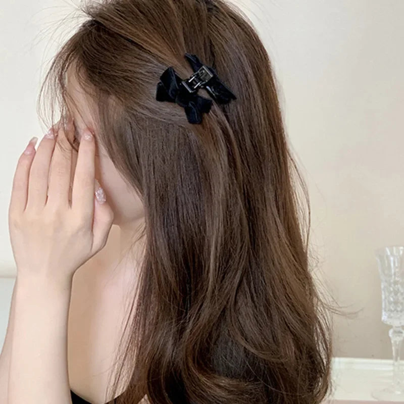 Black Red Small Velvet Bowknot Hair Claw Clips 2pcs/set Korean Princess Hair Clips with Bangs Girls‘ Headwear Hair Styling Tools Quake