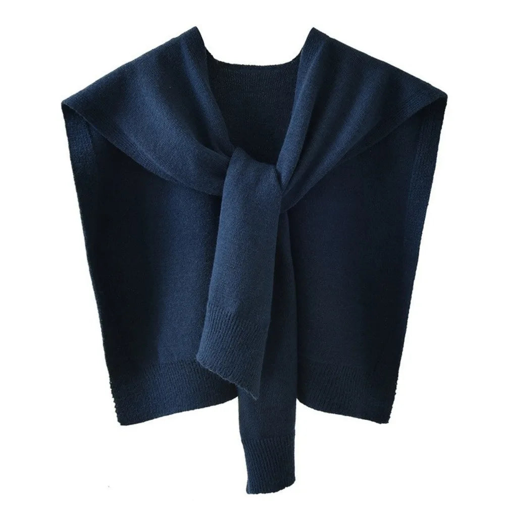 Fashion Knitted Design Knitted Shawl Knotted Solid Color Fake Collar Neck Guard Thin Shoulder Scarf Women Quake Dark Blue