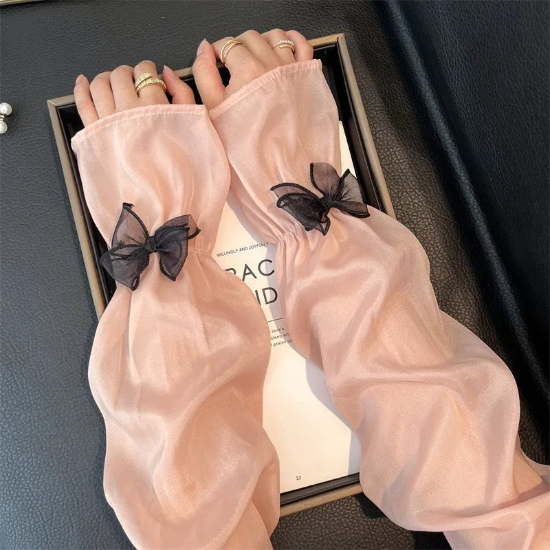 Elegant Sheer Arm Sleeves with Black Bow Decor Sweet Feminine Sun Protection Accessory for Dresses and Outfits Quake purple One Size