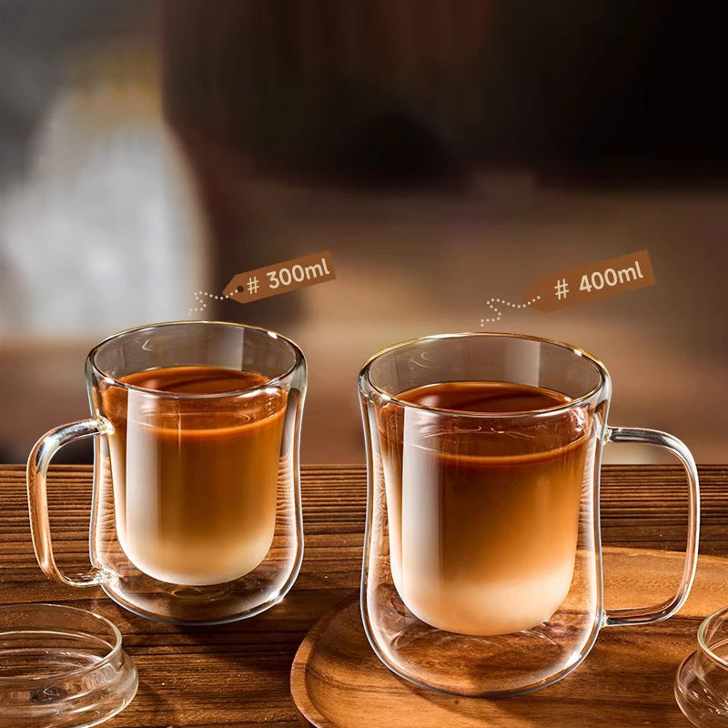 YWDL Double-Wall Glass Cup Set Clear Coffee Mug with Handle for Hot Cold Beverages Milk Juice 180/250/350ml Drinkware Quake