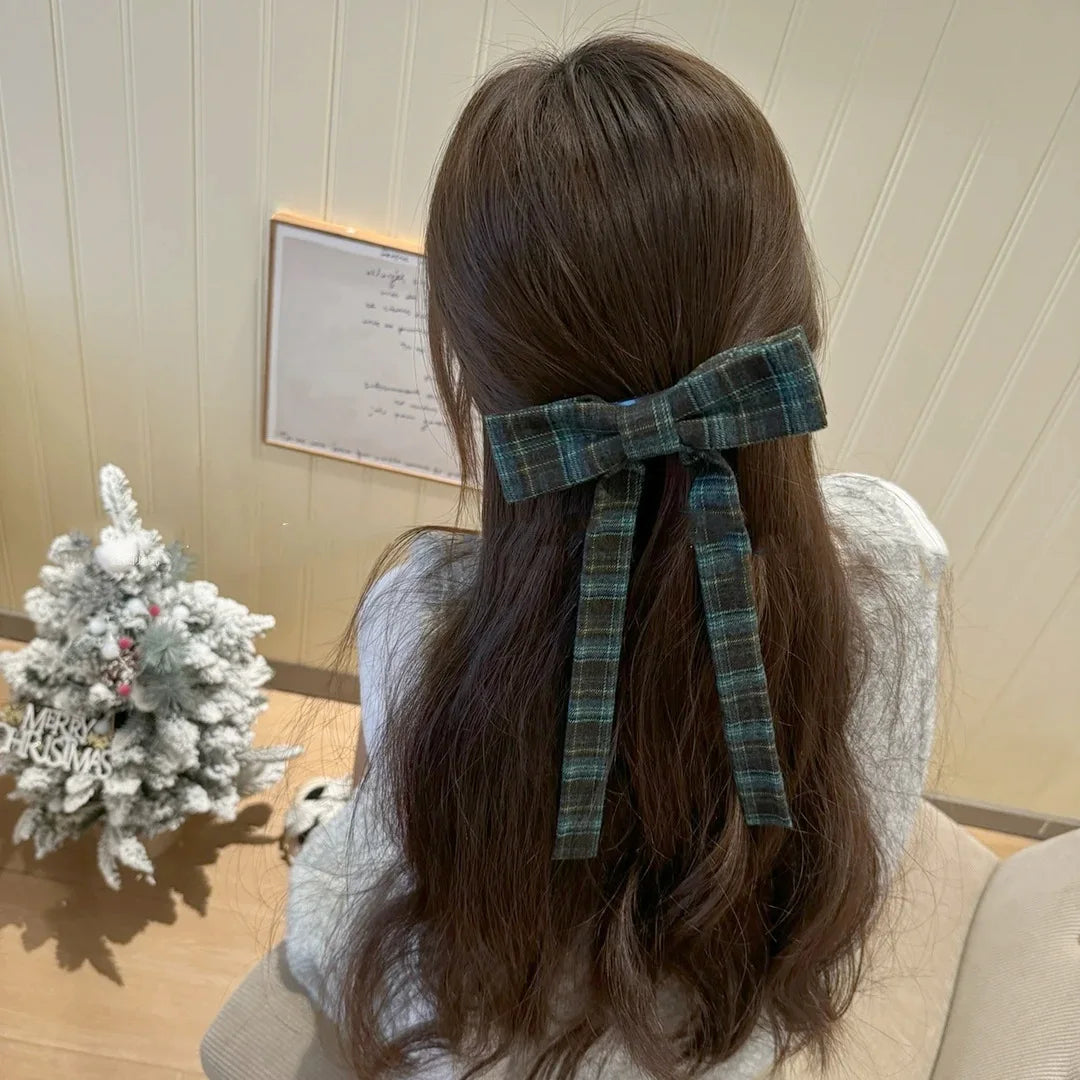 Vintage Plaid Print Bow Hairpins Women Girls Hair Clips Claw Elegant Barrettes Accessories Hairclip Headdress Headwear Ornament Quake green