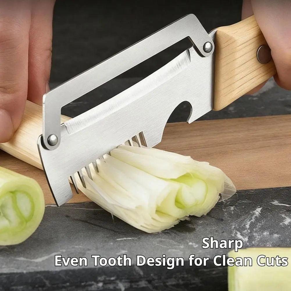 Stainless Steel Scallion Shredder Multifunction Kitchen Peeler Squid Cutter Onion Slicer with Wooden Handle Quake