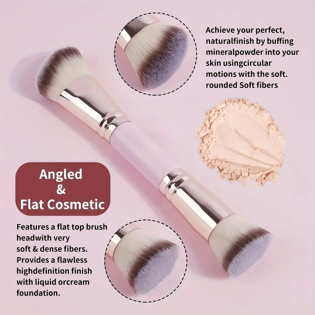Dual-Ended Makeup Brush - Angled Contour & Flat Head Foundation Brush for BB Cream, Liquid Foundation, Seamless Blending Quake