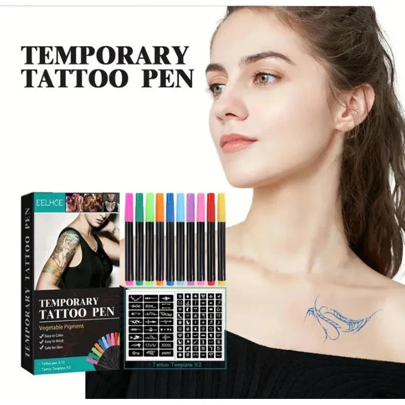 Temporary Skin Tattoo Pen Set with 10 Colors,Allowing for Bold And Fine Lines on The Body Face arms,Long-Lasting DIY Colors Quake