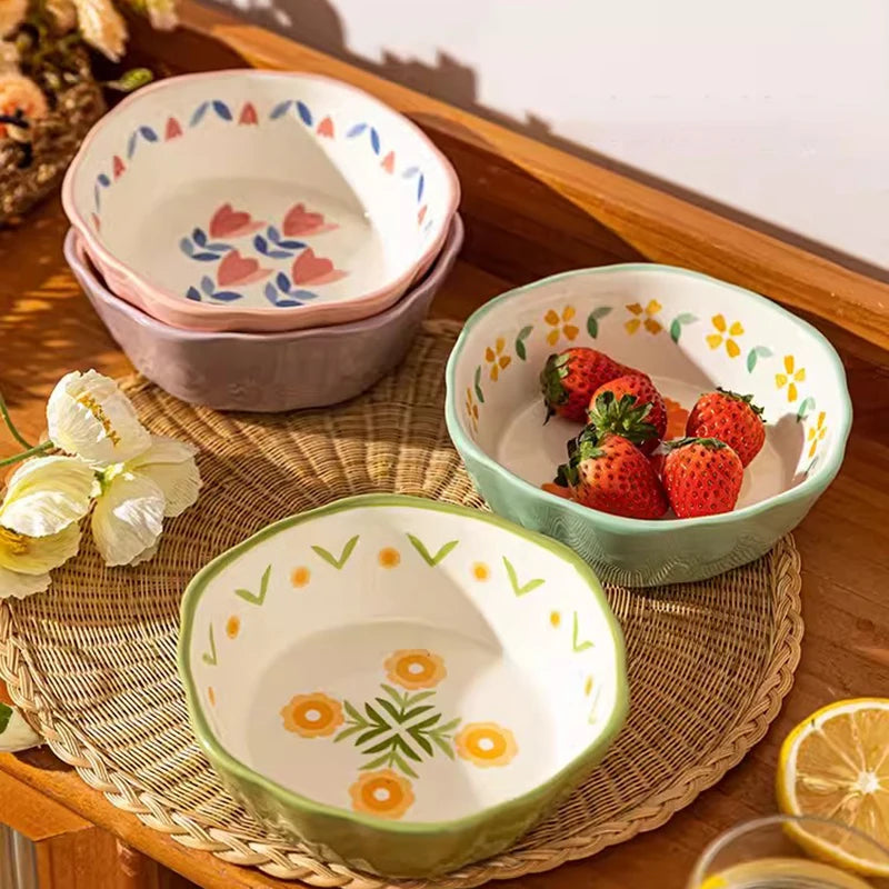 YWDL Heat Resistant Ceramic Salad Bowl With Wavy Edges Dessert Bowl Kitchen Fruit Dish Microwave Oven Oven Safety 6inch Quake