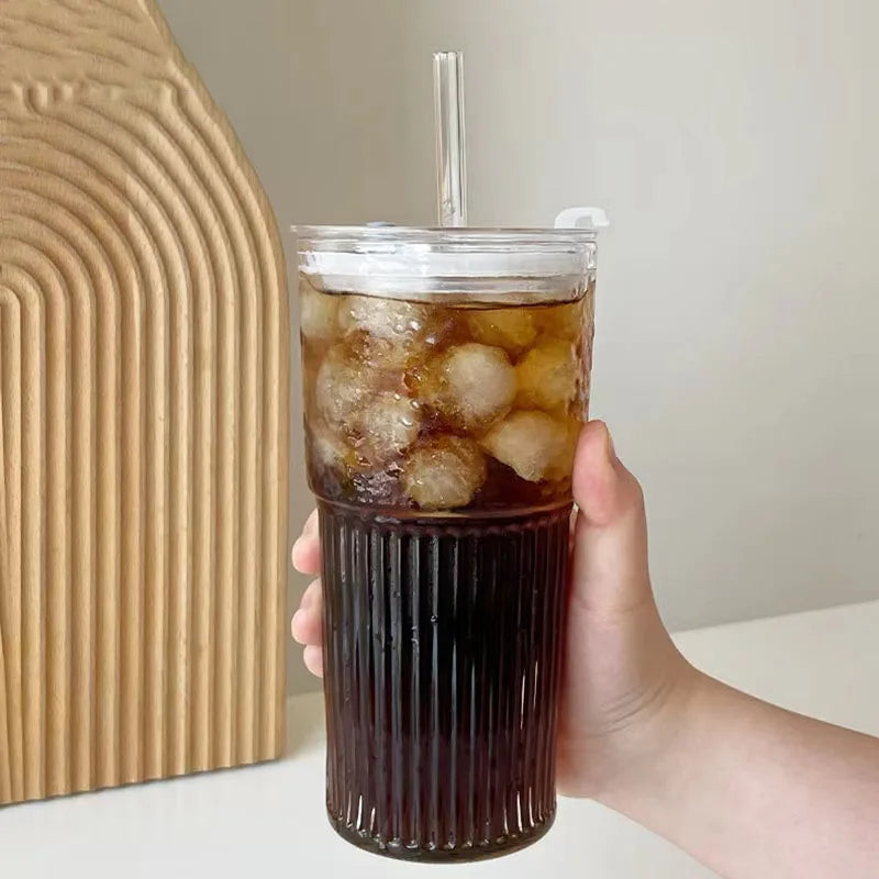 YWDL 600ml Stripe Glass Cup with Lid And Straw Transparent Milk Tea Juice Cup Drinking Glasses Ice Water Coffee Mug Bar Quake