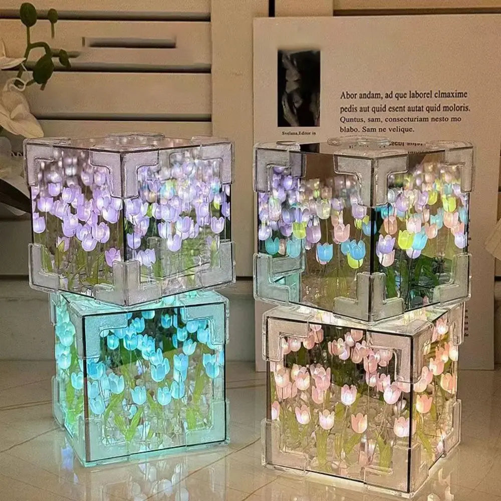 Excluding Gift Bags Tulip Night Light Acrylic 21 Flowers Tulips Flower Table Lamp Magic Cube Handmade DIY Mirror Light Quake