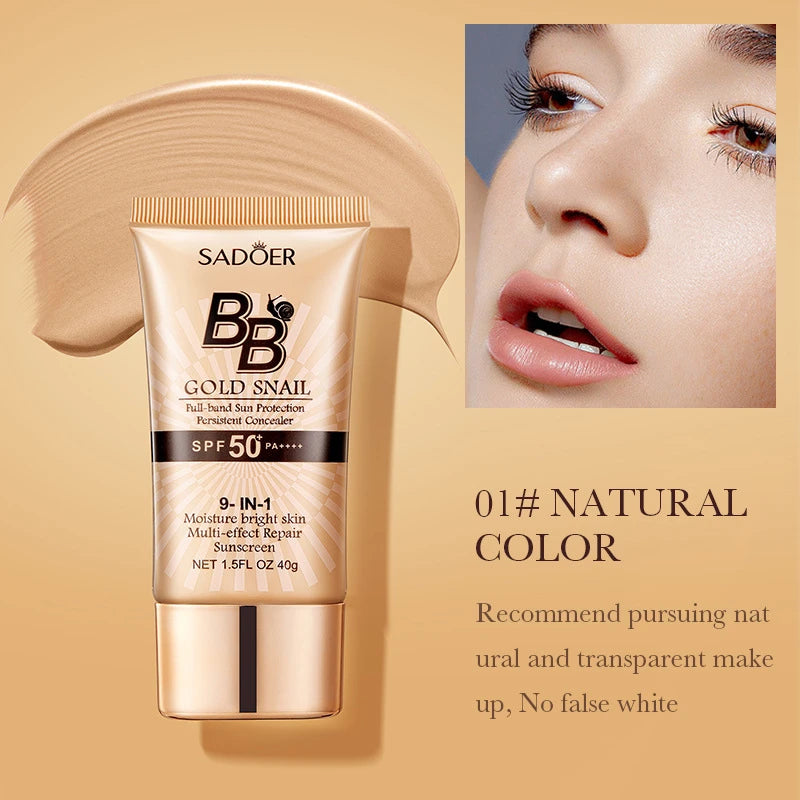 SADOER Gold Snail Sunscreen BB Cream Foundation Concealer Moisturizing Isolation Cream SPF50+PA+++ 40g Quake 01 Natural color