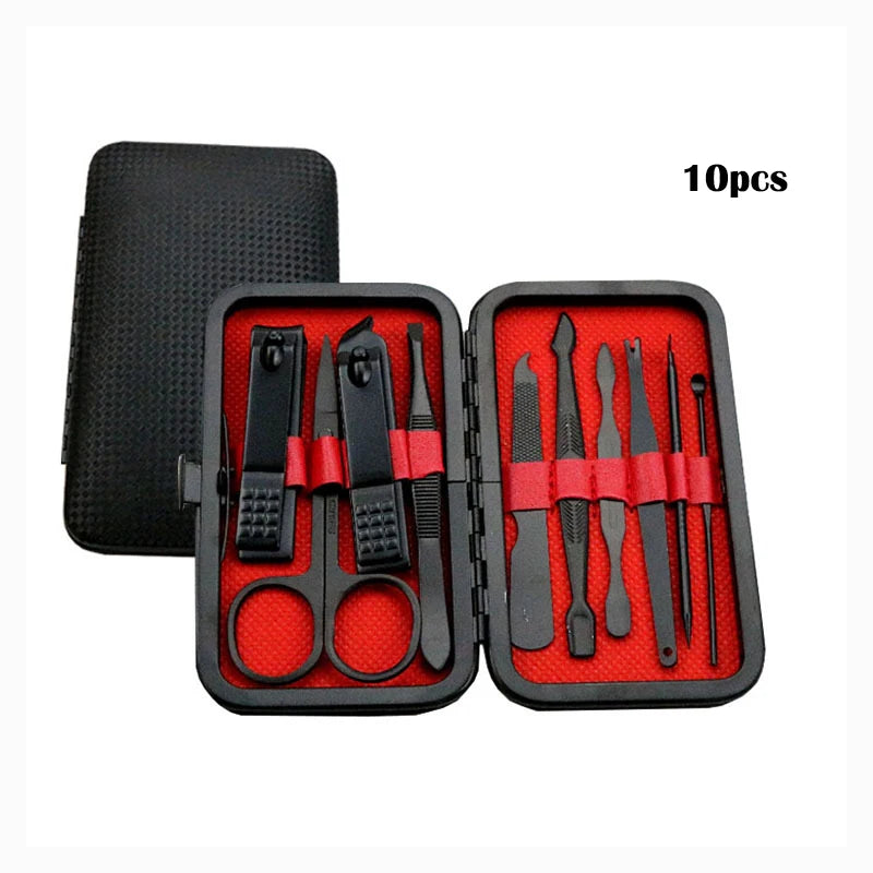7/10/18Pcs Professional Black Nail Clipper Pedicure Manicure Set Portable Stainless Steel Scissor Cutter Ear Spoon Trim Tool Quake 10 Piece Set