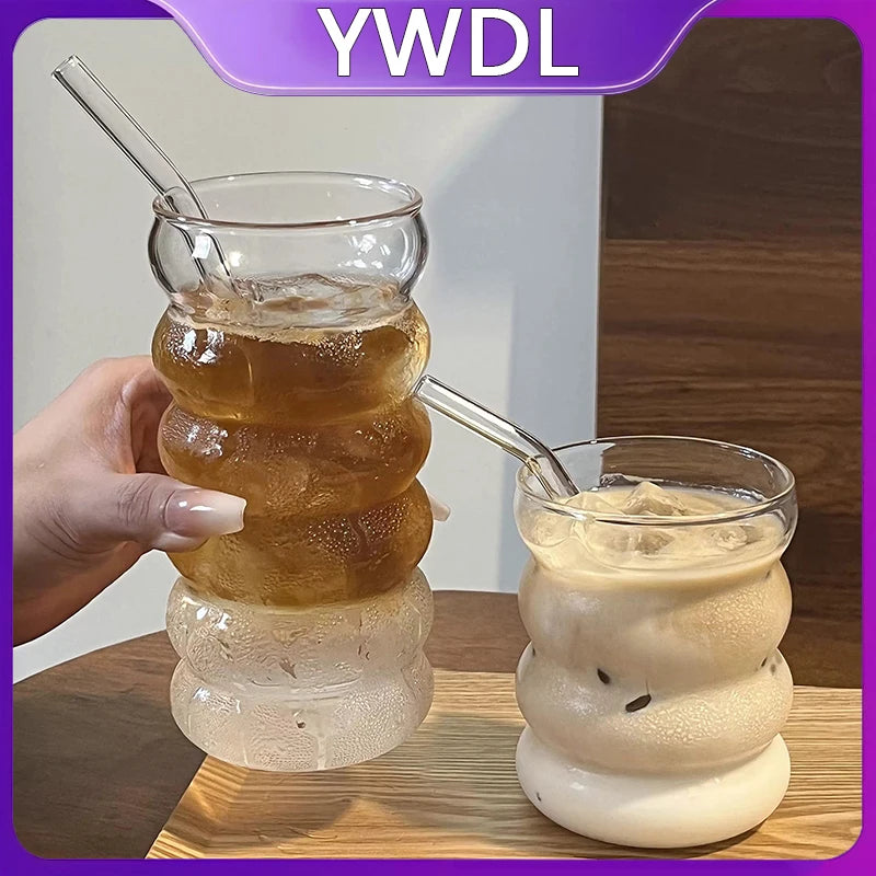350/480ml Wave Design High Borosilicate Glass Tumbler with Straw Iced Coffee Cup Heat Resistant Tumbler for Cold Beverages Quake