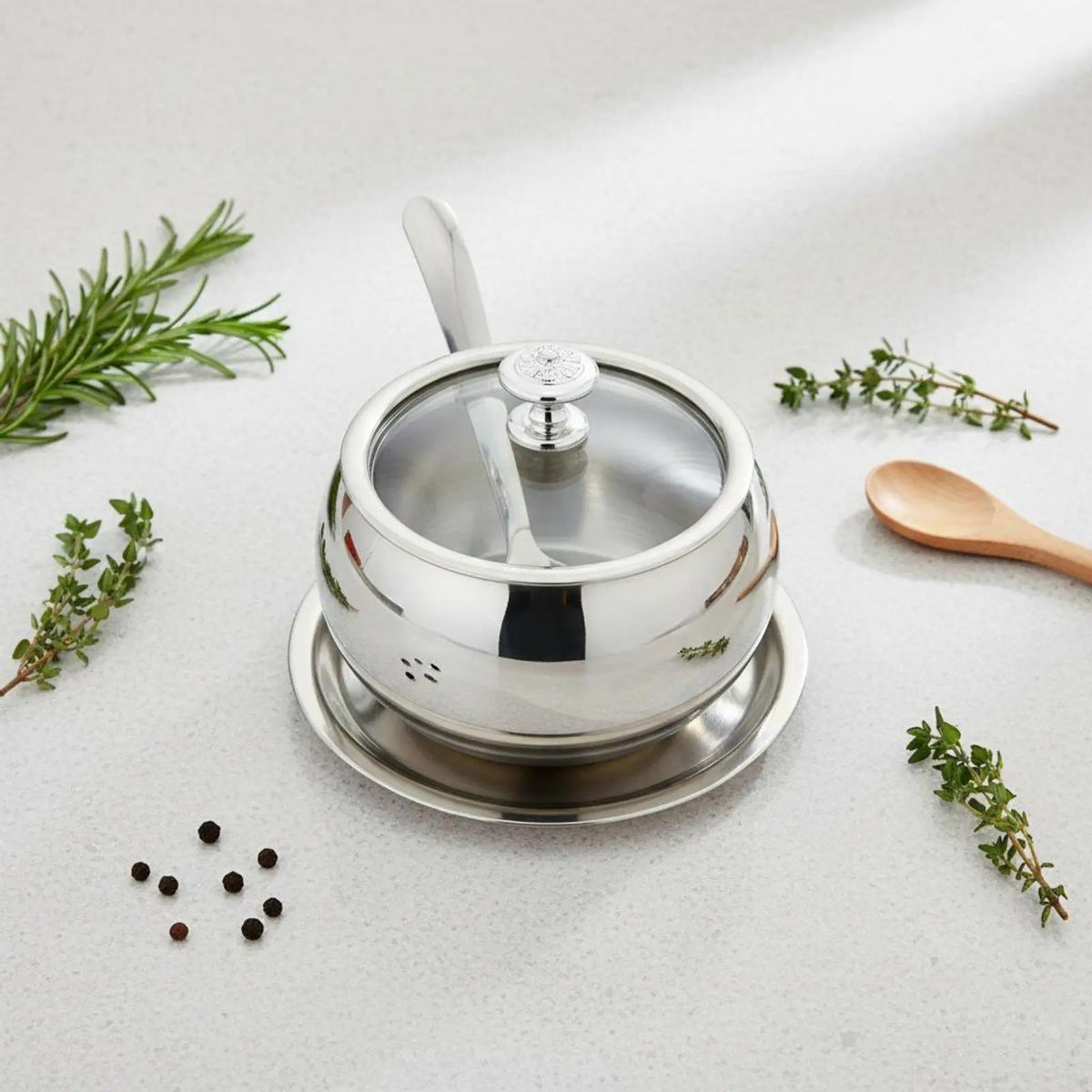 Stainless Steel Jar with Glass Lid Spice Container Set for Kitchen Seasoning Storage Airtight Condiment Jars with Spoon and Tray Quake