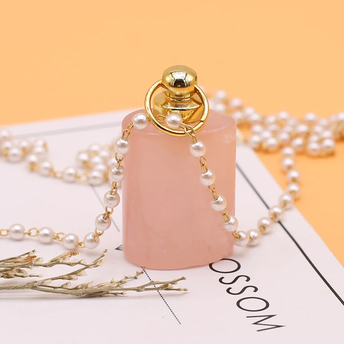 Spring Sweater Chain Perfume Bottle Necklace Natural Stone Rose Quartz Pendant For Women Christmas Halloween Gift Chain 80cm Quake