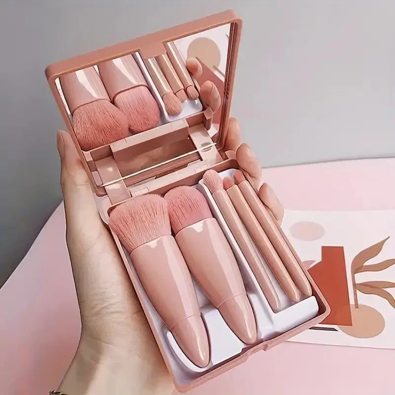 Mini Makeup Brushes Complete Cosmetic Brushes 5pcs Small Function Kit With Case And Mirror Travel Size Makeup Brushes Set Quake M102 Bean paste
