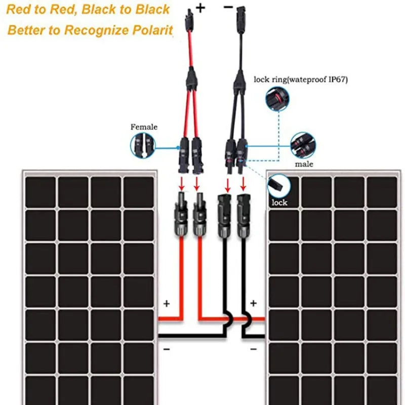 Power Solar Connectors 30A Y‑Branch Cable 12AWG Solar Cable Parallel Adaptor in Pair Black Red for Solar Panel Power System Quake