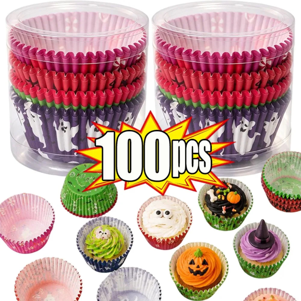100PCS Halloween Cupcake Wrappers Toppers Pumpkin Ghost Cupcake Wrap Liners Halloween Party Dessert Cake Decoration Baking Cup Quake