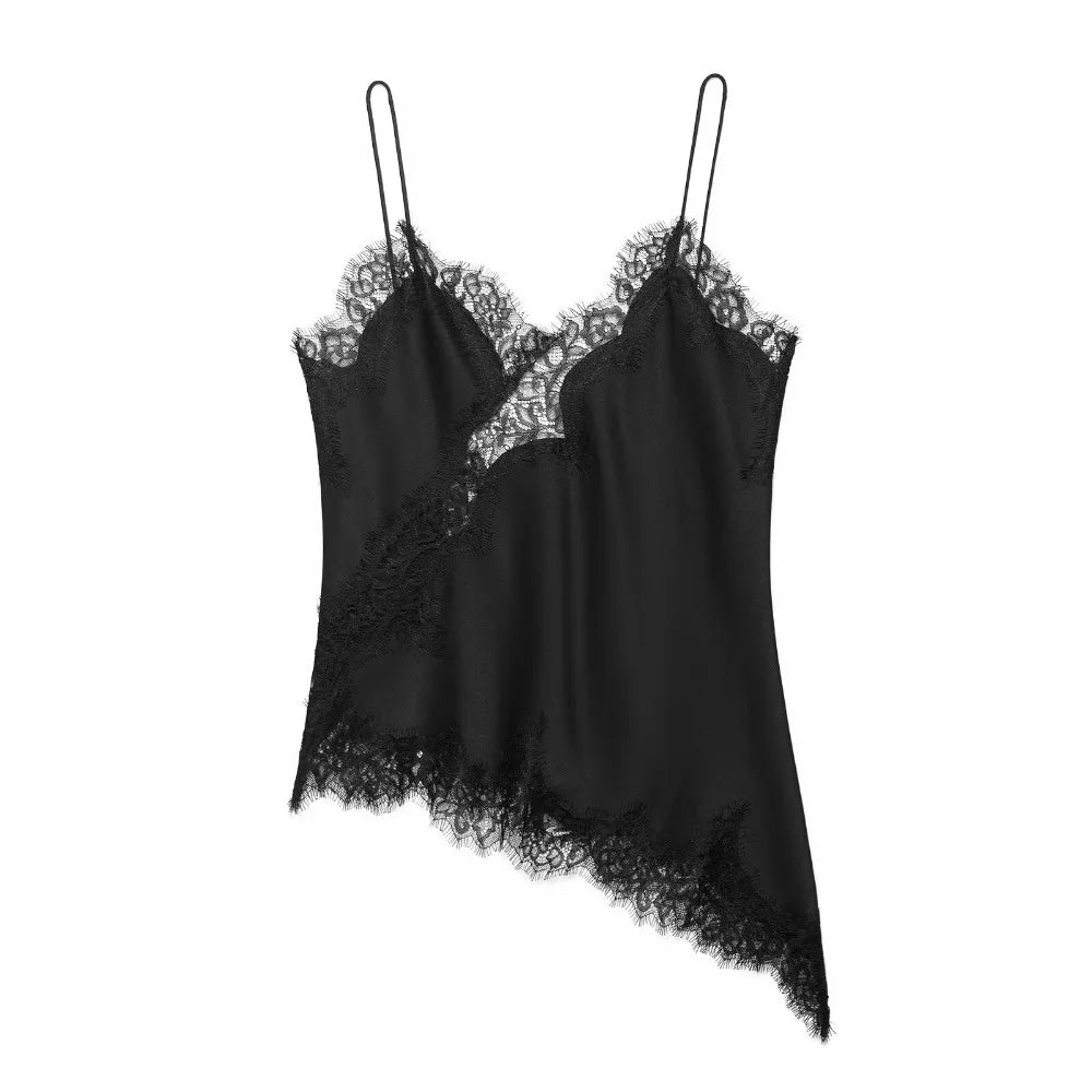 Elegant Asymmetrical Lace Lace Patchwork Top Sexy Lace Sleeveless Camisole Tops Backless Elegant Backless Tops Summer Wear Quake Black XL