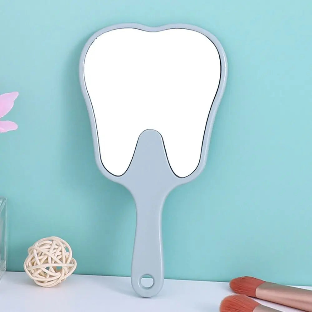 Practical Tooth Shaped Handheld Mirror PVC High Definition Makeup Mirror Dental Mirrors Gift Quake light blue