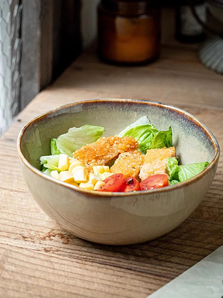 YWDL 500ml Vintage Ceramic Salad Bowl Heat-resistant Rice Soup Bowl Irregular Edges Kitchen Noodle Bowl Microwave Safe 5.5inch Quake