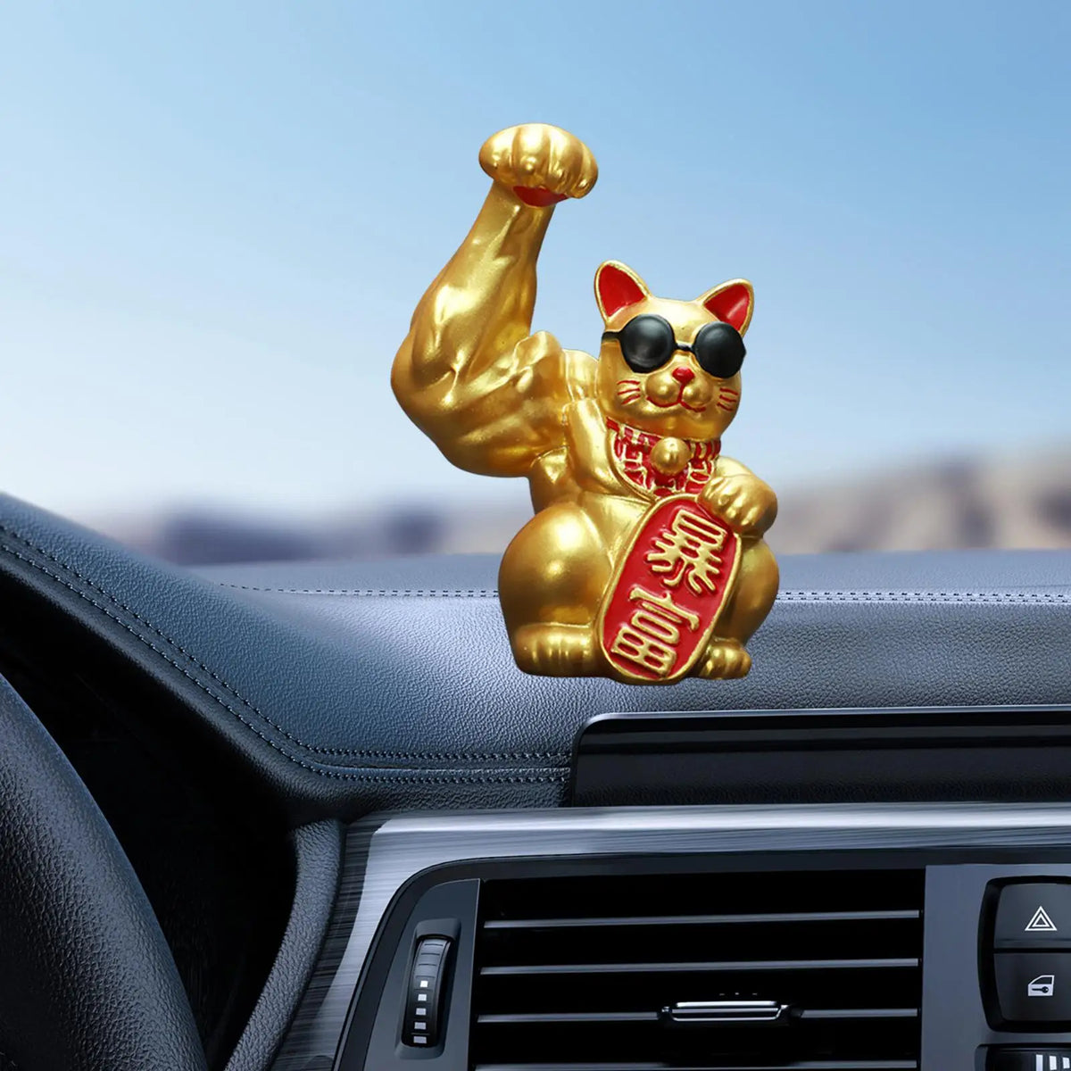 Lucky Cat Figurine Big Muscle Arm Feng Shui Decor, Home Office Tabletop Creative Quake Right Arm